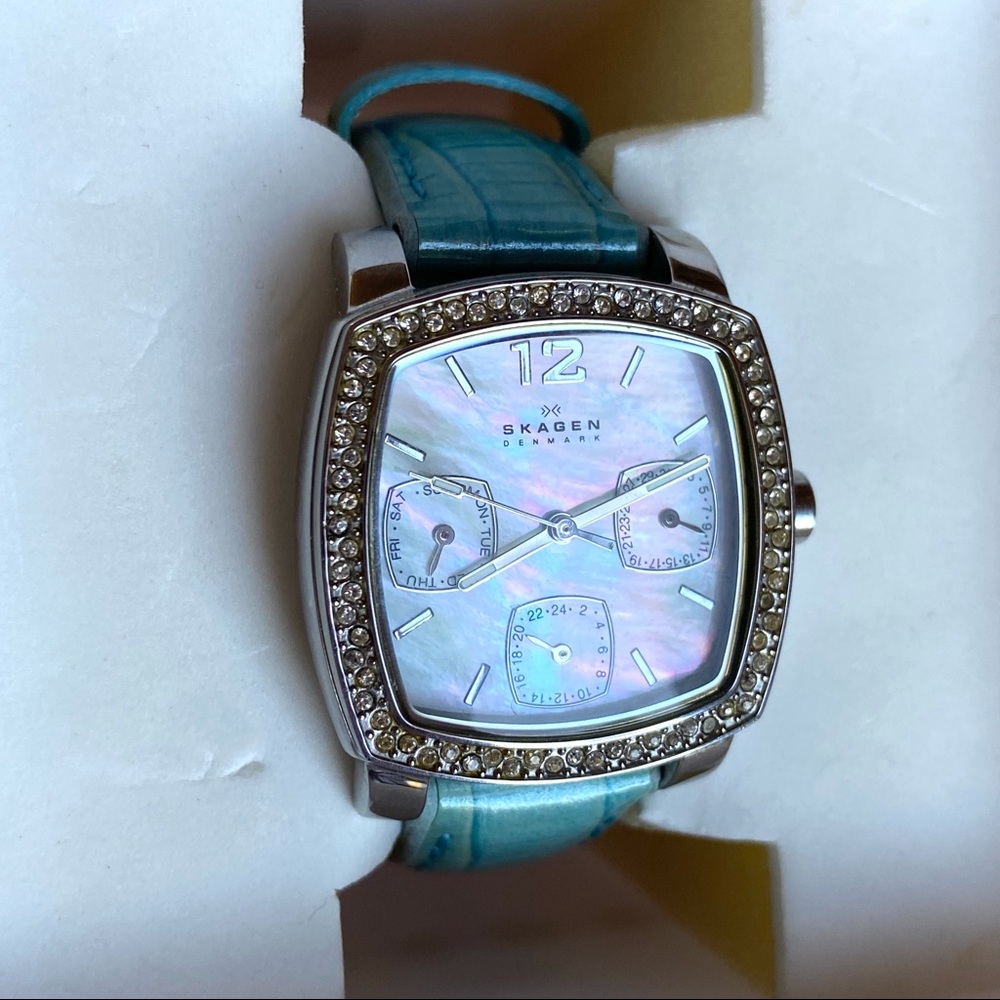 Skagen Mother of Pearl & Crystal Watch with Turquoise Crocodile Band - Picture 8 of 11